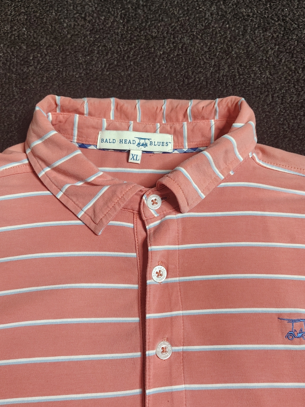 Bald Head Blues Pink White Blue Striped Golf Tech Performance Polo Men's XL